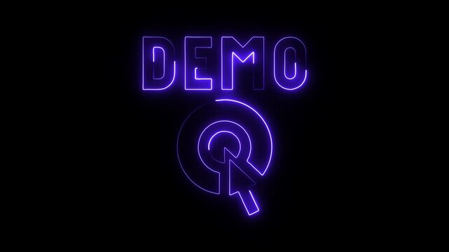 Neon purple D E M O text and cursor icon glowing on black background abstract digital concept for product showcase