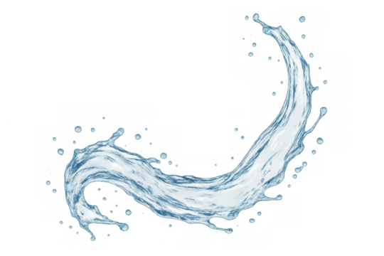 Water splash creating a dynamic curve with many falling drops, illustrating motion and refreshing liquid, transparent background