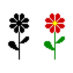 Pixel art flower icons. black and color variants.