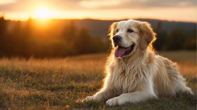 Golden Retriever dog enjoying outdoors at a large grass field at sunset, beautiful golden light Generative Ai