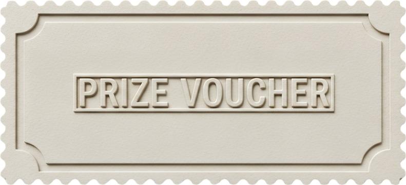 Embossed prize voucher with serrated edges and blank space below the text presented on a neutral background with textured detail ticket coupon award gift certificate reward