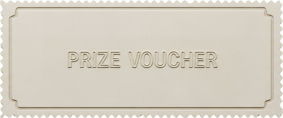 Embossed textured off white paper ticket with the words 'Prize Voucher' debossed in the center set against a blank backdrop with decorative scalloped edges 175 characters
