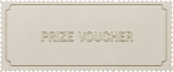 Embossed textured off white paper ticket with the words 'Prize Voucher' debossed in the center set against a blank backdrop with decorative scalloped edges 175 characters