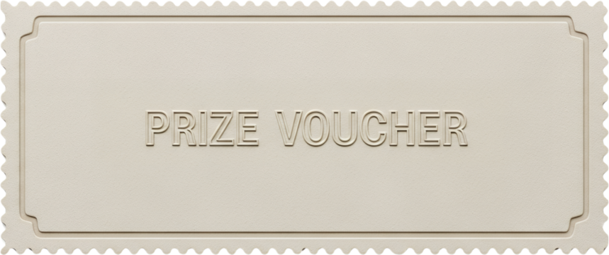 Embossed textured off white paper ticket with the words 'Prize Voucher' debossed in the center set against a blank backdrop with decorative scalloped edges 175 characters