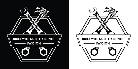 Vintage emblem with crossed wrench and hammer, symbolizing skill and passion in craftsmanship, isolated on white background