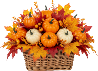 A woven basket overflowing with vibrant orange and white pumpkins autumn leaves in red and yellow and small orange berries set against a transparent background Fall Harvest