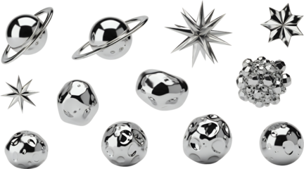 Collection Of Abstract Metallic Geometric Shapes Planets With Rings Starbursts And Irregular Spheres All Rendered With Polished Chrome Reflections On A Transparent Background Rendering