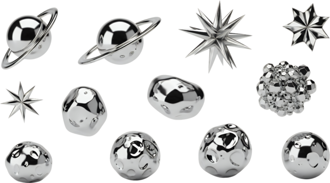 Collection Of Abstract Metallic Geometric Shapes Planets With Rings Starbursts And Irregular Spheres All Rendered With Polished Chrome Reflections On A Transparent Background Rendering