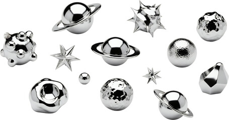 Collection of metallic abstract spherical stellar and irregular shapes with reflective surfaces isolated on black chrome silver render 3d object design background graphic