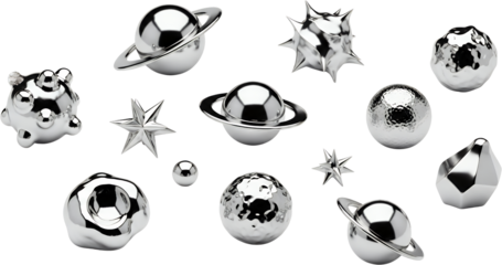 Collection of metallic abstract spherical stellar and irregular shapes with reflective surfaces isolated on black chrome silver render 3d object design background graphic