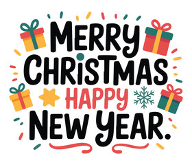 Obraz premium Festive holiday greeting card with colorful text and gift box illustrations for the season.