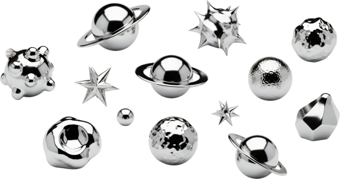Collection of metallic abstract spherical stellar and irregular shapes with reflective surfaces isolated on black chrome silver render 3d object design background graphic