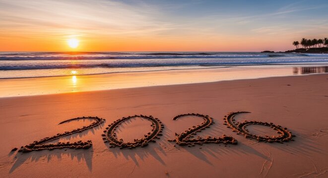 Golden beach with 2026 drawn in sand at sunset, ideal for promoting future vacations, resolutions, or tropical holiday plans