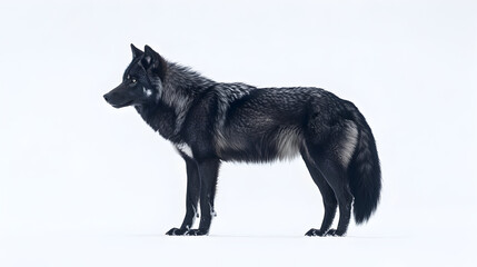 Fototapeta premium Black wolf standing in snow looking left