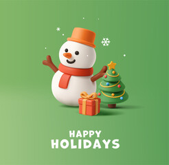 Cheerful snowman character, gift, Christmas tree, 3D, on a green background. For concepts of cheerful winter holidays. Greetings, winter. Vector illustration.