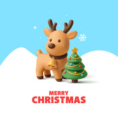 3D cute deer character with bell and Christmas tree on snowy mountains background. Merry Christmas banner. Vector illustration.