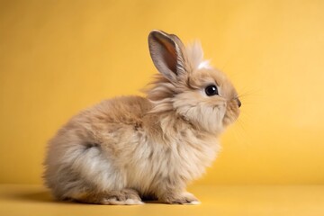Fototapeta premium a fluffy brown rabbit sitting on yellow background