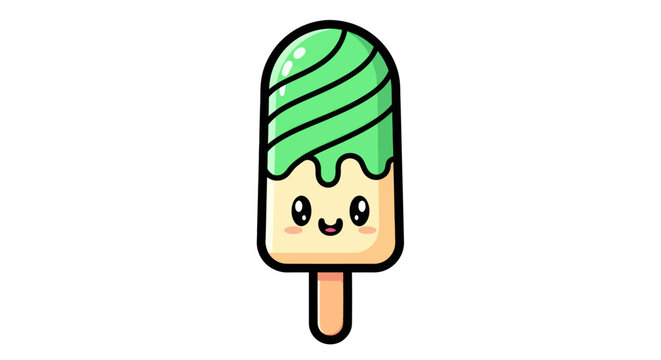 Adorable smiling green ice cream popsicle cartoon character.