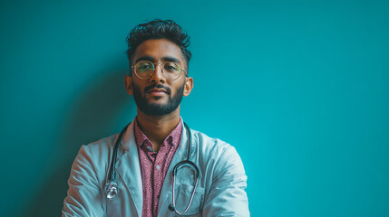 Fototapeta premium confident young indian male physician isolated on green backdrop symbolizing modern healthcare and medical expertise