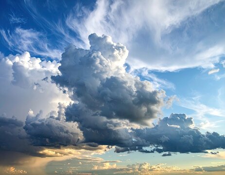 Dramatic Cloudscape: Blue Sky, Gray Cumulus Clouds, Sunset Light - Powered by Adobe