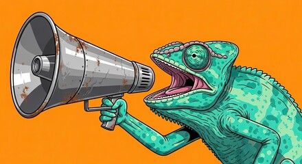 Chameleon with Megaphone Announcing Something Loudly with an Orange Background