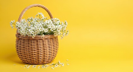A Woven Basket Overflowing with Delicate White Flowers Against a Vibrant Yellow Background