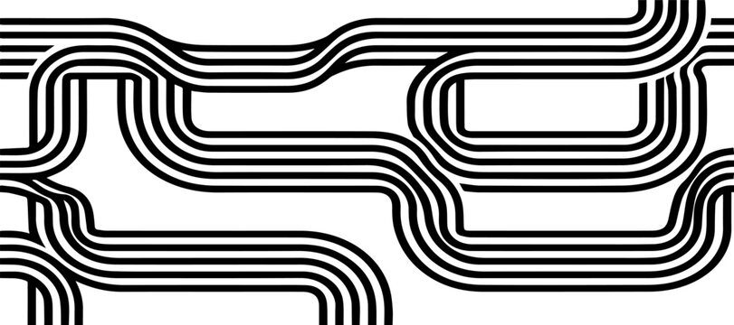 Abstract background, black and white parallel lines, Modern minimalist vector illustration with a geometric maze pattern, Monochrome abstract design with interwoven, flowing, parallel lines, Geometric