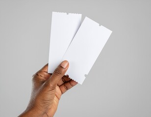Female Hand Holding Two Blank White Paper Tickets for Mockup Use on Solid Neutral Background
