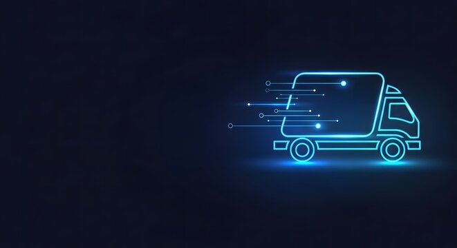 Digital delivery truck outline with speed lines on a dark blue gradient background design concept