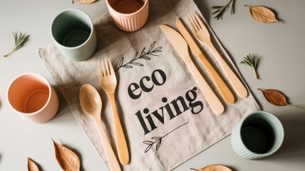 Bamboo cutlery and cups on cloth with eco living text and leaves