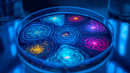 Glowing bacteria colonies grow in petri dish under ultraviolet light, showcasing vibrant colors and intricate patterns in scientific research, creating a captivating visual.