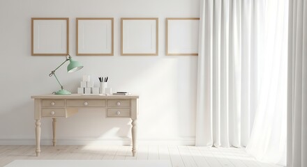 Fototapeta premium Bright and cozy home office with a desk, lamp, and framed art isolated on white background