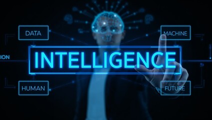 Unlock the future with AI intelligence, a neon glow illuminating data, machines, and human potential in a modern tech landscape for innovation