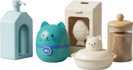 A light blue dispenser a teal cat shaped container with a fish emblem a cream colored box with a fish relief and a beige bear shaped lid on a bowl next to a glass jar filled with light brown seeds