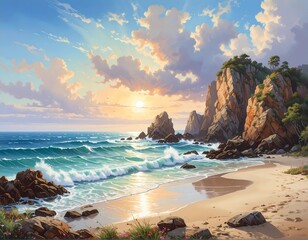 A serene morning beach scene with clear waves crashing on rocky cliffs, warm sunlight reflecting on the sand, and a peaceful, picturesque coastline.