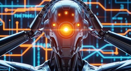 Futuristic humanoid robot with glowing eyes contemplates artificial intelligence and the future of technology