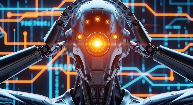 Futuristic humanoid robot with glowing eyes contemplates artificial intelligence and the future of technology