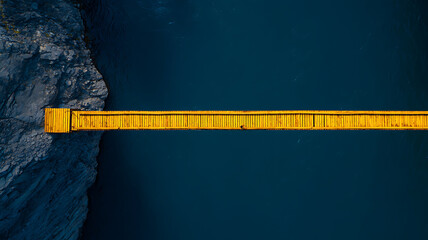 Aerial View of a Bright Yellow Pedestrian Bridge Over Dark Blue Water