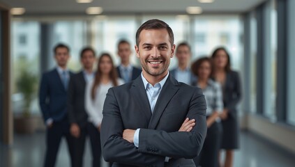 Confident business leader with team standing strong together in modern office space ready for new challenges and celebrating success