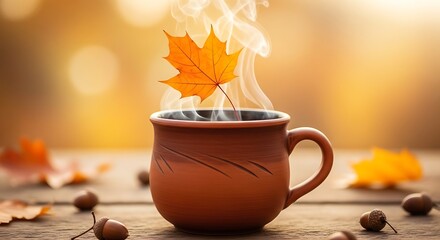 Steaming coffee cup with autumn leaf and acorns on wooden table hot drink