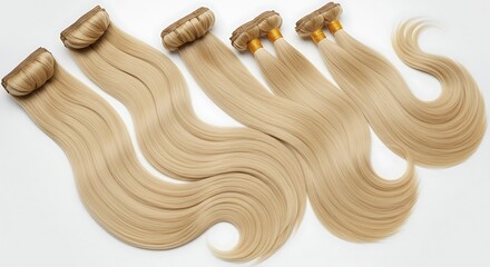 Obraz premium Five bundles of long, straight, light blonde hair extensions on a white backdrop