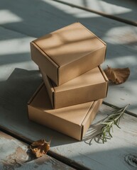 Cardboard boxes stacked on a rustic wooden table with rosemary and dried leaves