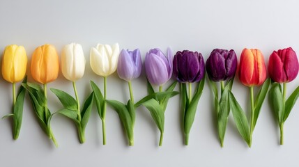 Vibrant row of multicolored tulips arranged neatly on a white background with ample copy space, cheerful and fresh floral composition for spring or garden themes