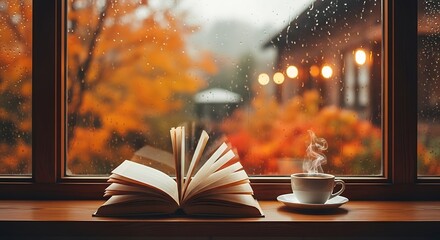 Open book and steaming coffee cup on windowsill with autumn rain outside hot drink