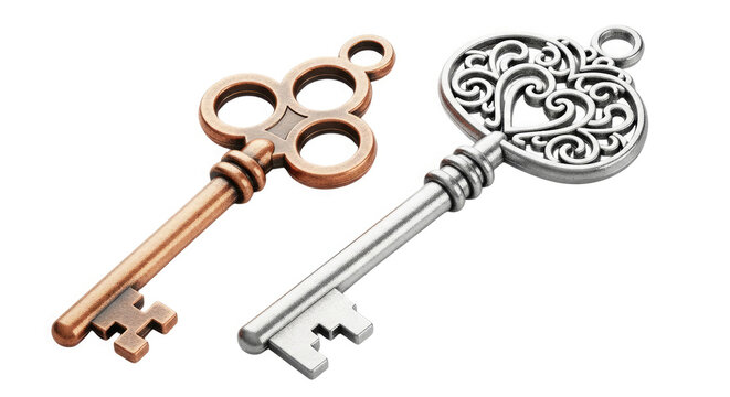 Two antique keys with intricate designs isolated on white background