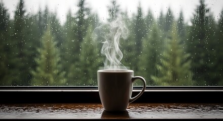 Rainy Day Coffee Comfort with Steaming Mug by Window image 2a19174268ca36dbae04a3c8a75c261cdr