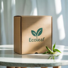 Kraft cardboard box with green leaf logo and bamboo on marble table