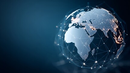 Luminous digital globe with pulsing connection lines spanning continents over dark technology background with copy space