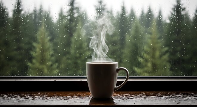 Rainy Day Coffee Comfort with Steaming Mug by Window image 2a19174268ca36dbae04a3c8a75c261cdr