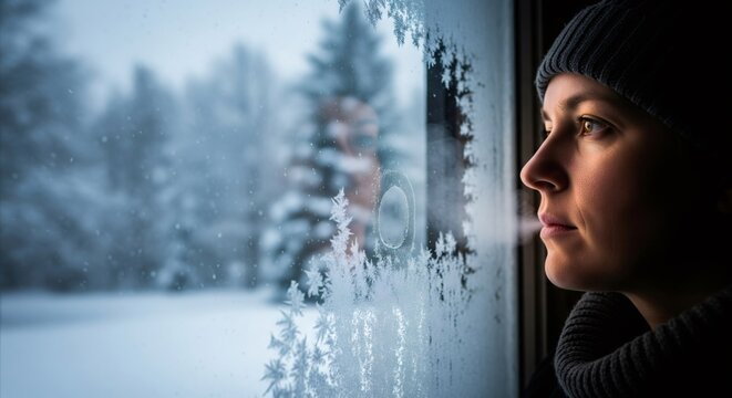 Woman in beanie gazes out frosty window on a cold winter day.